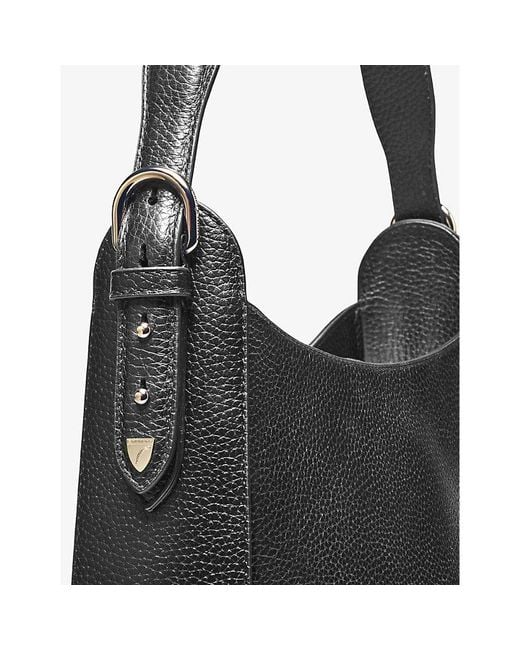 Aspinal Black Hobo Logo-print Grained-leather Shoulder Bag