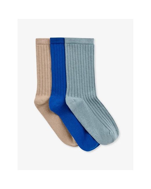 Whistles Blue Ribbed Pack Of Three Cotton-Blend Socks