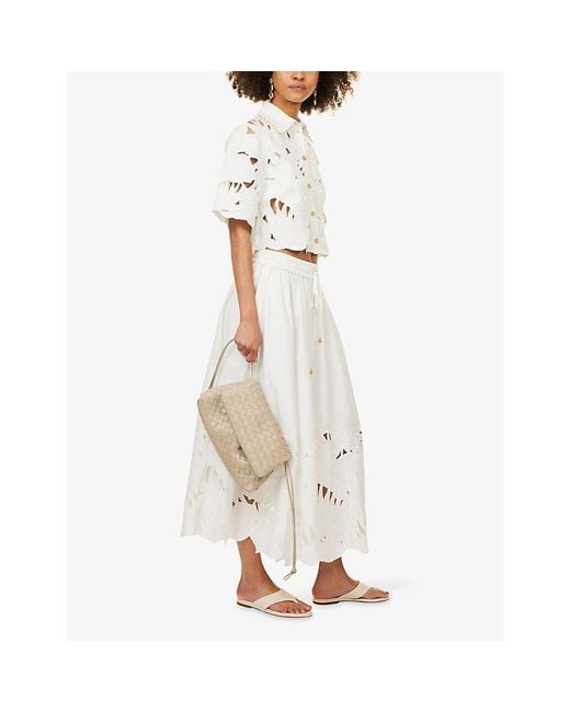 Zimmermann White Mahon Embroidered Cotton Midi Skirt
