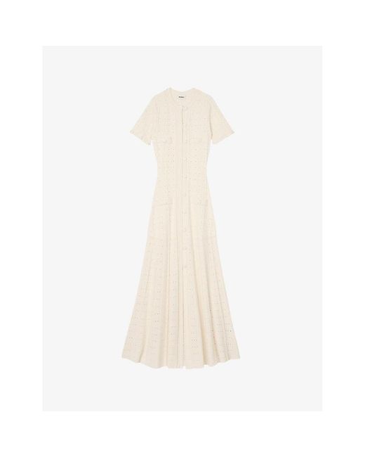 Sandro White Contrast-Stitch Short-Sleeve Stretch-Knit Midi Dress