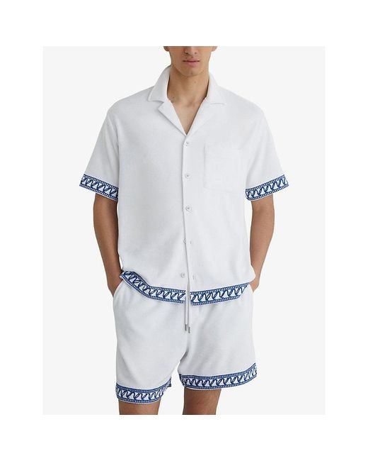 Reiss Blue Bleeker Embroidered-Trim Towelling Cotton-Blend Shirt for men