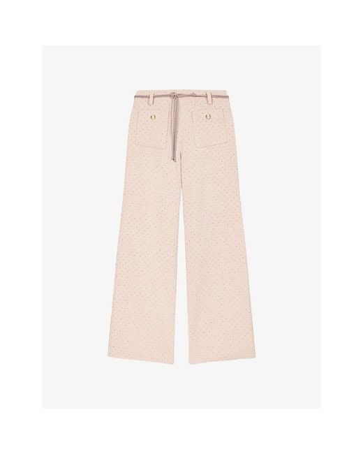 Maje Pink Wide-Leg Cord-Belt Tweed Trousers