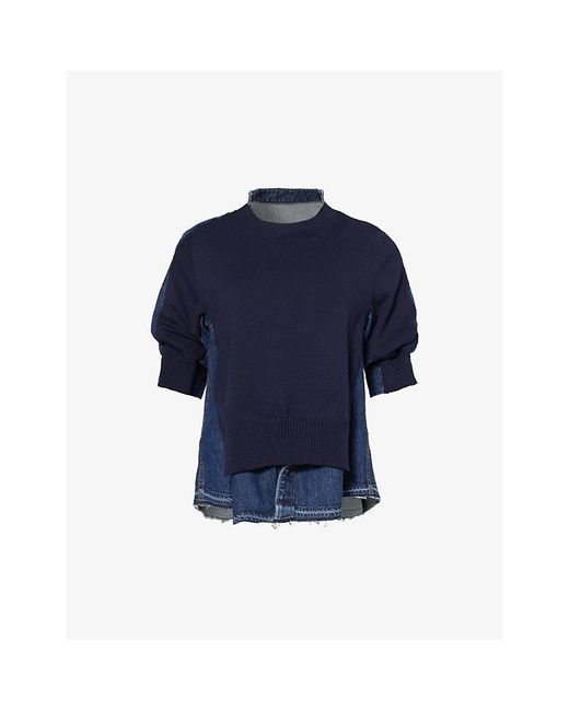 Sacai Blue Raw-hem Denim And Knitted Relaxed-fit Top