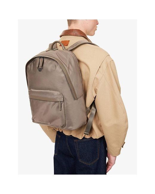 Emporio Armani Brown Rounded Logo-Plaque Woven Backpack for men
