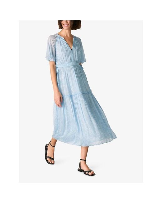 Whistles Blue Gathered Leaves Print Woven Midi Dress