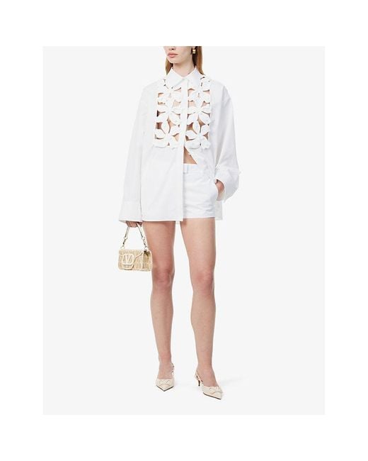 Valentino Garavani White Floral-embellished Relaxed-fit Cotton-poplin Shirt