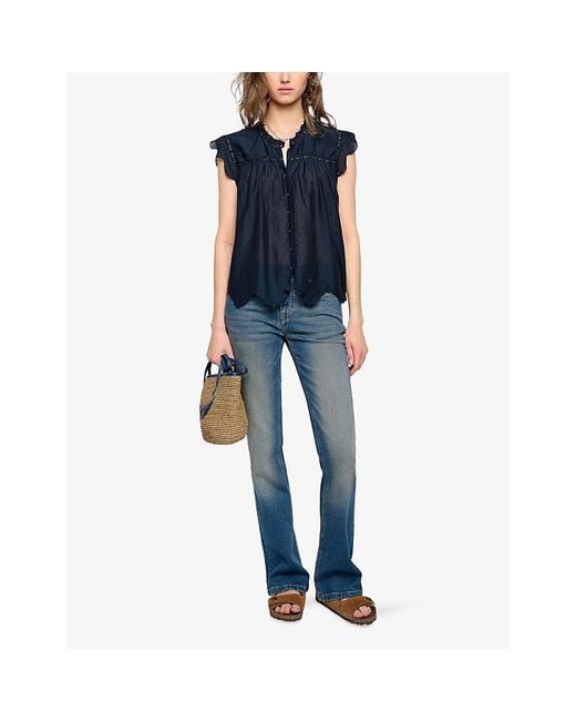 Zadig & Voltaire Blue Tika Embroidered Round-Neck Cotton-Blend Top