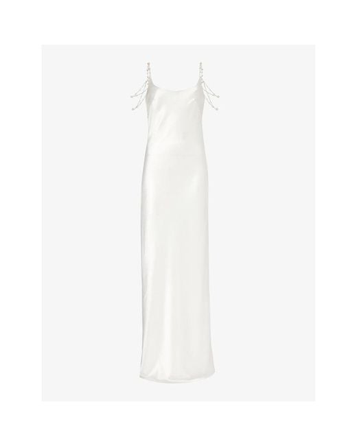 Galvan White Pearl-embellished Open-back Satin Maxi Dress