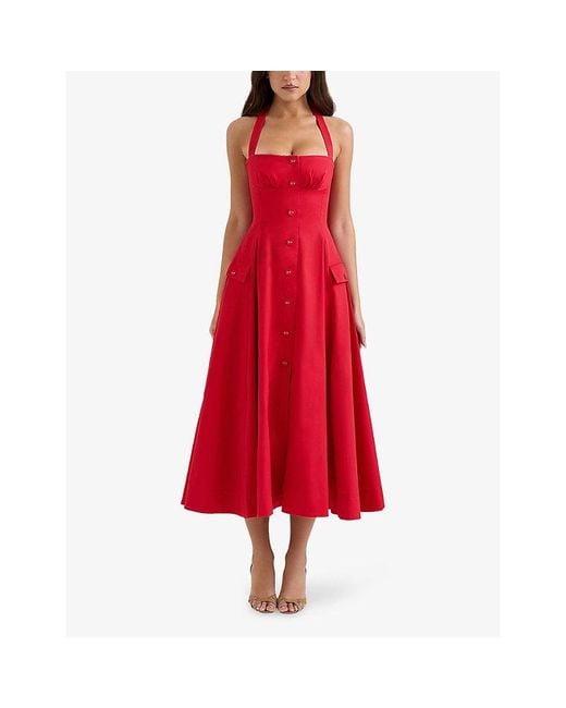House Of Cb Red Claudia Halterneck Stretch-Cotton Midi Dress