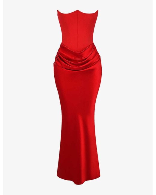 House Of Cb Red Persephone Corseted Woven Maxi Dress