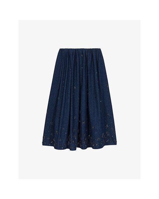 Maje Blue Flared Sequin-Embroidered Denim Midi Skirt