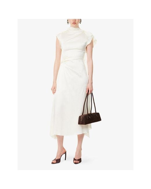 Victoria Beckham White Sleeveless Draped Satin Midi Dress