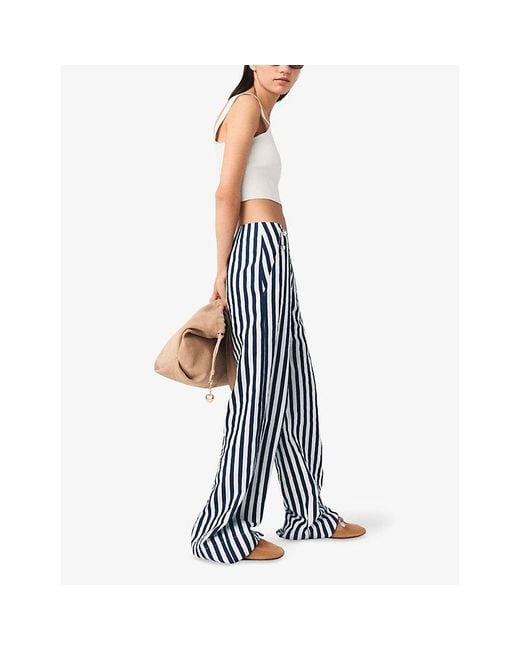 Maje Blue Striped Wide-Leg Woven Trousers