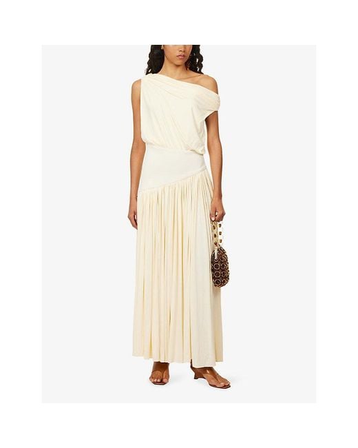 Abadia Natural Gwen Off-Shoulder Draped Stretch-Jersey Maxi Dress
