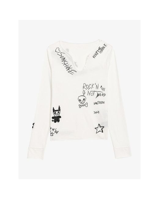 Zadig & Voltaire White Tunisien Graphic-Print Long-Sleeve Cotton T-Shirt
