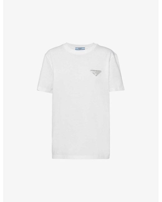 Prada White Logo-plaque Crystal-embellished Cotton T-shirt Xx