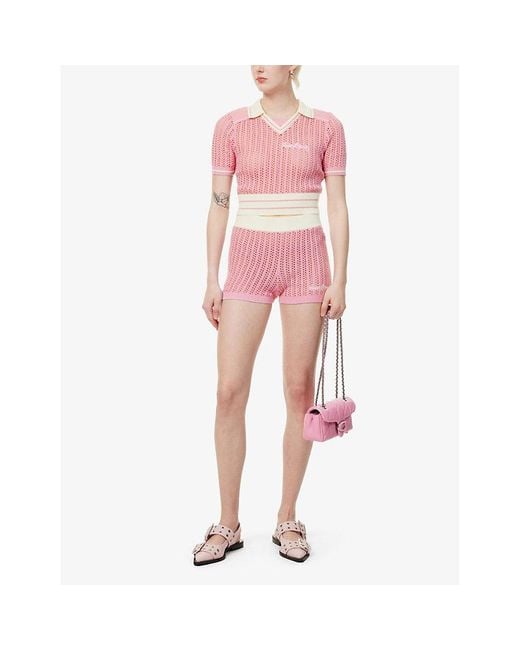 House Of Sunny Pink Brand-embroidered Cropped Cotton Top