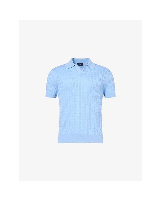 Dunhill Blue Short-Sleeve Cable-Knit Cotton And Silk-Blend Polo Shirt for men