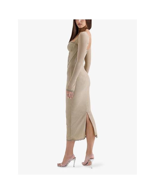 House Of Cb Natural Saisha Long-Sleeve Lace Midi Dress