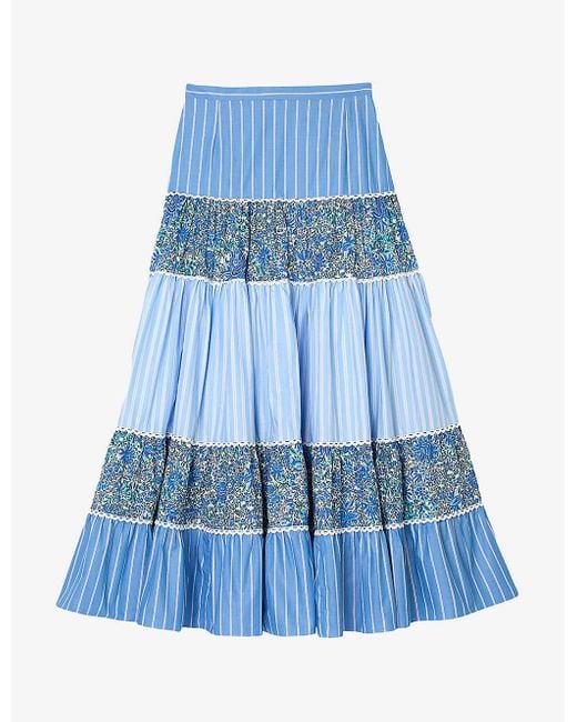 Sandro Blue Patchwork Ruffled Cotton Maxi Skirt