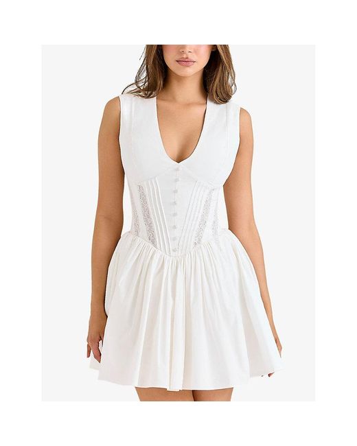 House Of Cb White Carmel Plunge-Neck Stretch-Cotton Mini Dress Xs (D-E Cup)