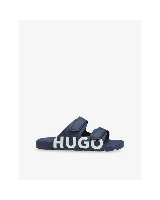 HUGO Blue Brand-Print Rubber Sliders for men