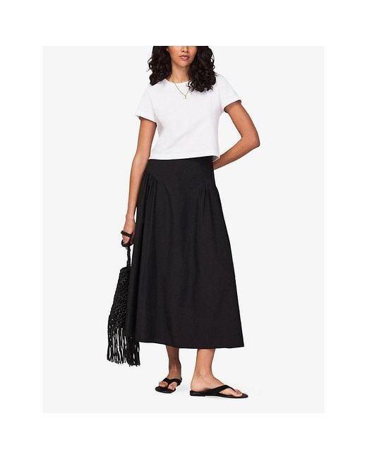 Ro&zo Black Gathered High-Rise Cotton Midi Skirt