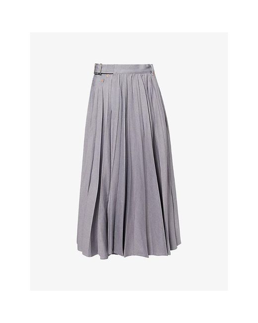 Sacai Gray Pleated Contrast-Denim Cotton Midi Skirt
