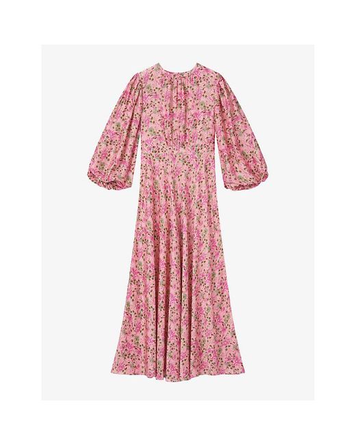 L.K.Bennett Pink Lois Meadow-print Balloon-sleeve Silk-blend Midi Dress