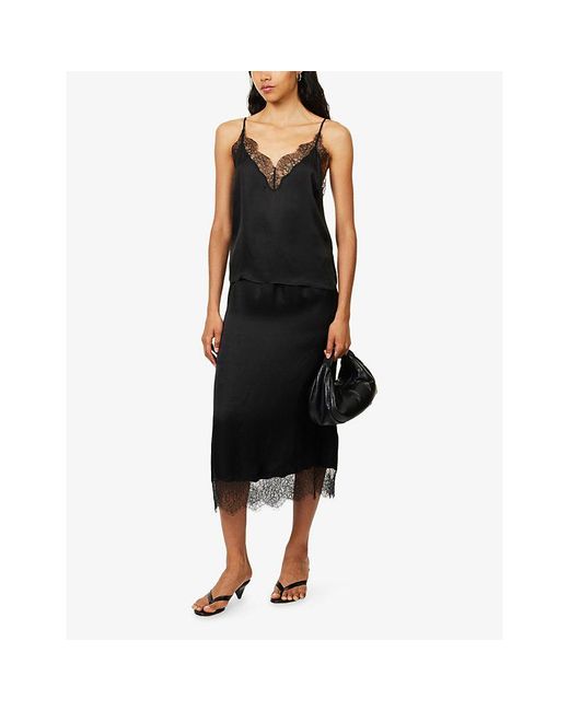 Anine Bing Black Shelby Lace-Trim Silk-Blend Midi Skirt