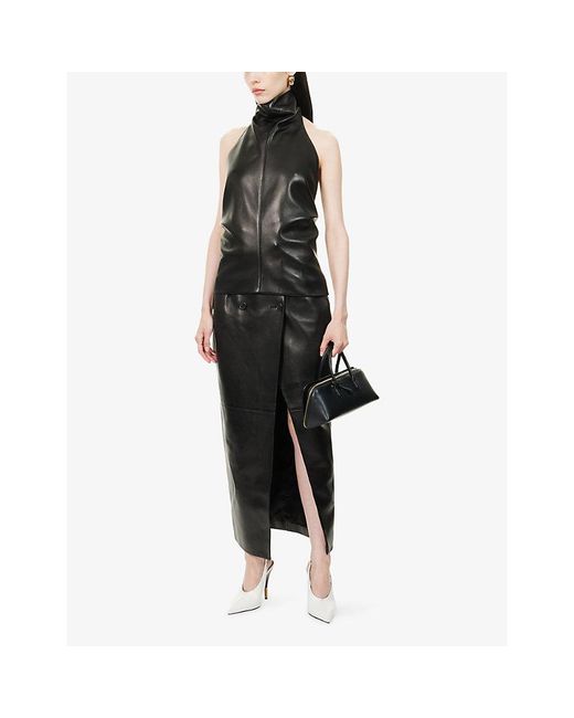 Khaite Black Luiza Buttoned Leather Midi Skirt