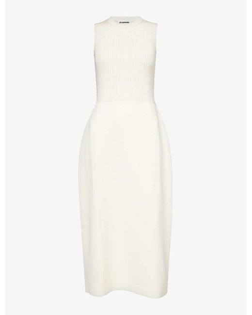 Jil Sander White Ribbed-bodice Silk-blend Midi Dress