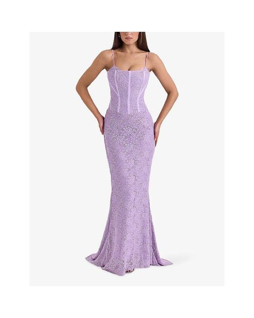 House Of Cb Purple Antonina Corset Lace Maxi Dress