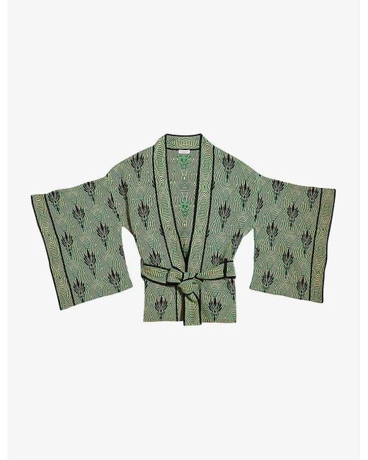 Claudie Pierlot Green Mao Graphic-print Kimono Cotton-blend Cardigan