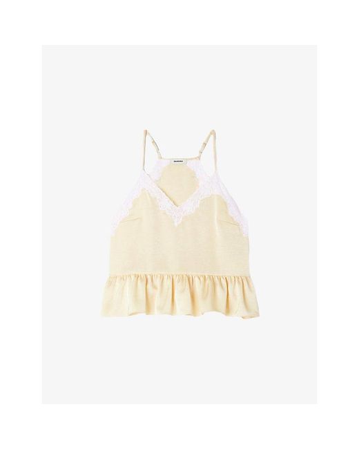 Sandro White V-Neck Ruffle-Hem Woven Top