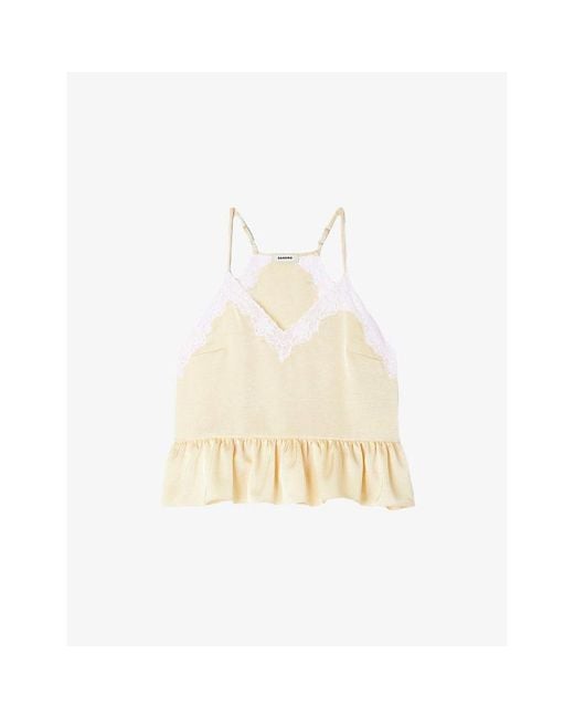 Sandro White V-Neck Ruffle-Hem Woven Top