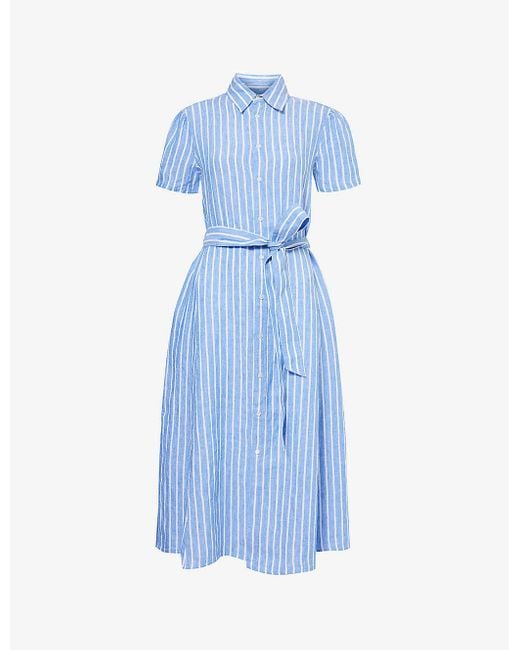 Polo Ralph Lauren Blue Stripe-print Belted Linen Midi Dress