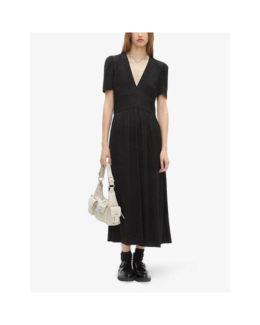 The Kooples Black Leopard-Jacquard V-Neck Woven Midi Dress