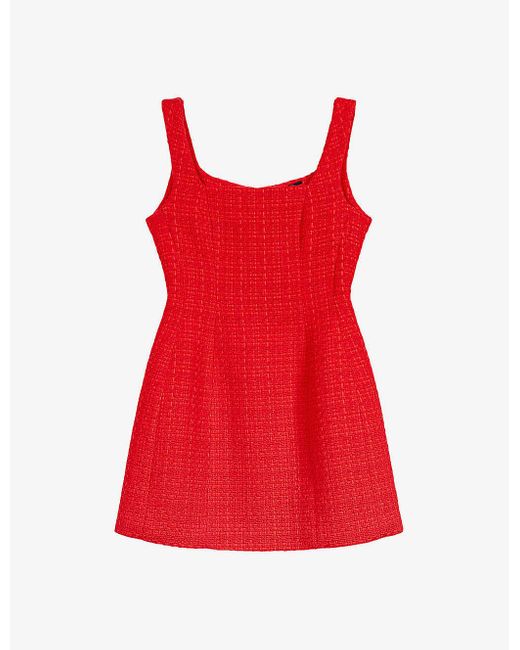 Maje Red Square-neck Tweed Cotton-blend Mini Dress