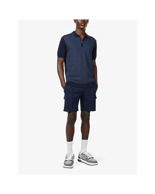 Arne Blue Herringbone Zip-Up Cotton-Knit Polo Top for men