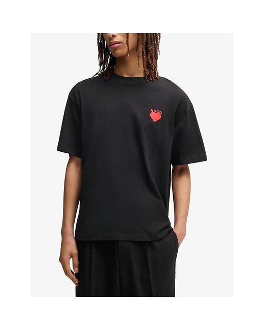 HUGO Black Branded-Print Relaxed-Fit Cotton-Jersey T-Shirt for men