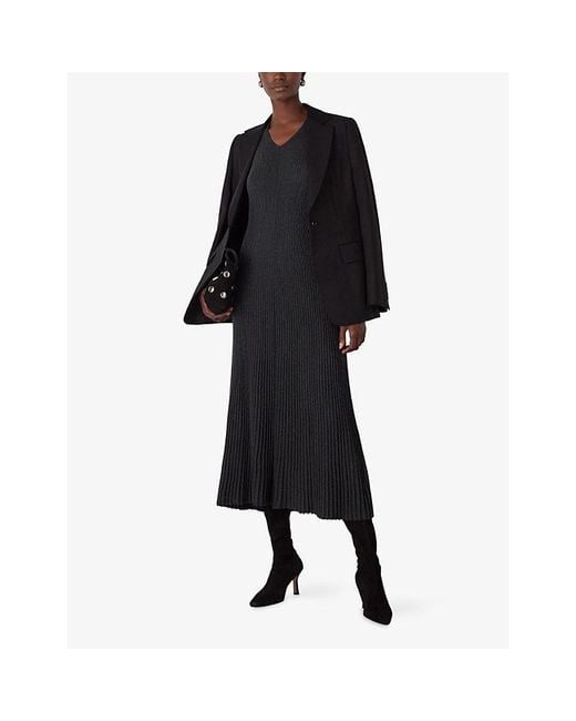 Whistles Black Ribbed Cotton And Cashmere Midi Dress