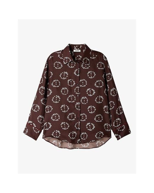 Sandro Brown Floral-Print Long-Sleeve Silk Shirt
