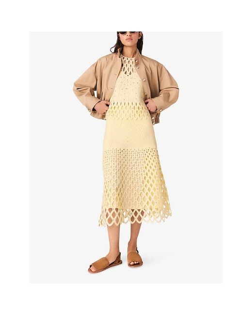 Maje Yellow Crochet Rhinestone-Embellished Knitted Midi Skirt