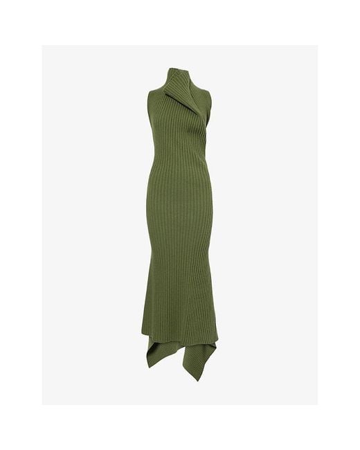 Victoria Beckham Green Ribbed Sleeveless Wool-Blend Midi Dress