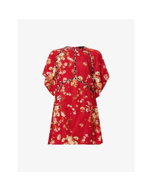 AllSaints Red Xena Floral-Print Lyocell Mini Dress