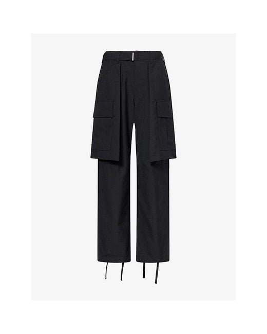 Sacai Black Straight-Leg High-Rise Wool-Blend Cargo Trousers