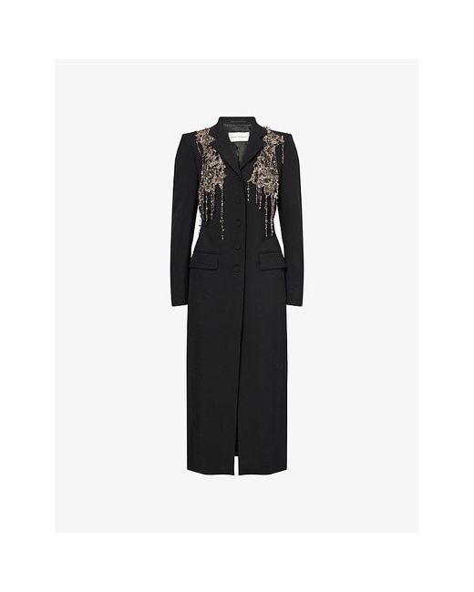 Dries Van Noten Black Embellished Notch-Lapels Wool-Blend Coat