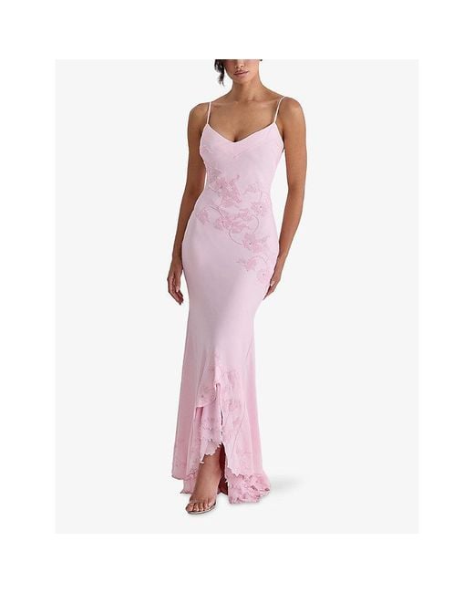 House Of Cb Pink Anastelle Embellished Satin Maxi Dress Xs (A-C Cup)