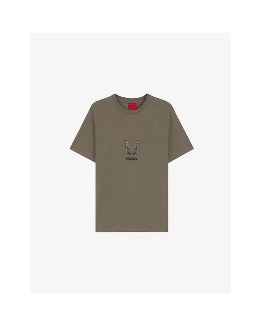 HUGO Gray Brand-Embroidered Short-Sleeved Cotton-Jersey T-Shirt for men